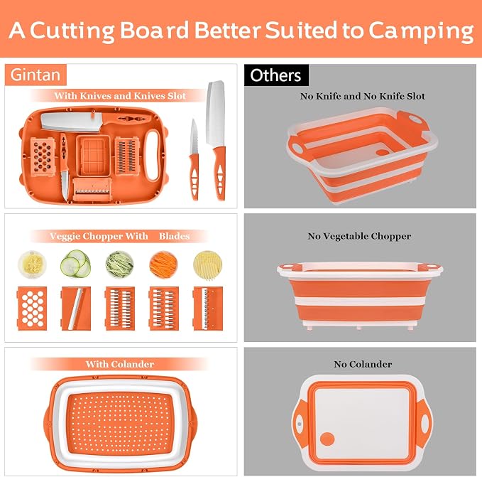 Gintan Camping Cutting Board, 9-in-1 Collapsible Chopping Board with Colander, Kitchen Vegetable Washing Basket for Camping, Camping Gifts Camping Accessories for RV Campers (orange) - Image 3