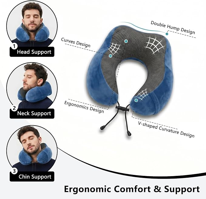 Travel Neck Pillow, 100% Memory Foam, U-Shaped with Storage Box, Blue | 100% memory foam with 360-degree support & adjustable buckle. Compact storage box. Machine washable cover. Fits all necks. - Image 5