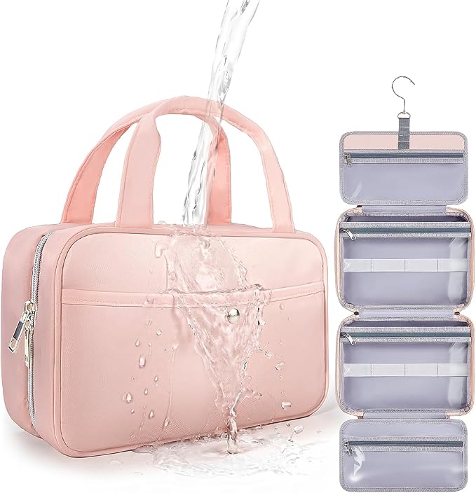 Travel Hanging Toiletry Bag for Women - Waterproof Cosmetic Organizer with Clear Window, Lightweight Bathroom Bags for Essentials, Makeup, Shampoo, Toiletries Pink, Medium by Chakipee