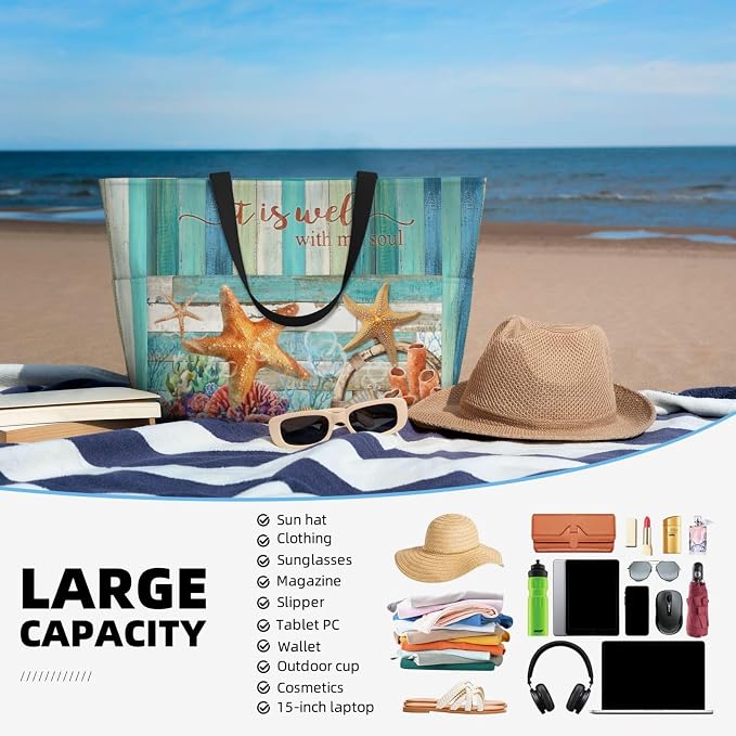 Beach Bag Tote Bags Waterproof Sandproof for Women Large Beach Tote Pool Bag Foldable with Zipper for Travel Weekend - Image 2