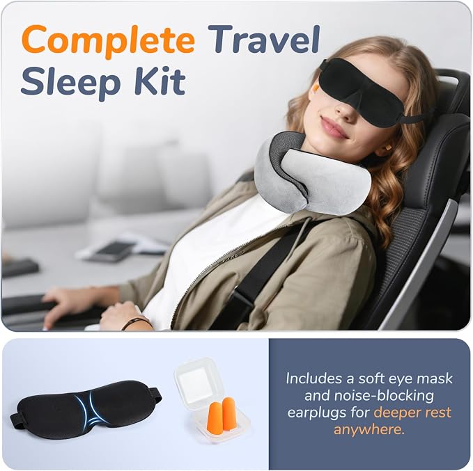 Travel Neck Pillow for Airplane with Eye Mask and Ear Plugs for Sleeping | Head and Chin Support, Ergonomic Memory Foam with Silky-Smooth Washable Cover for Flights, Road Trips & Office Naps - Image 3