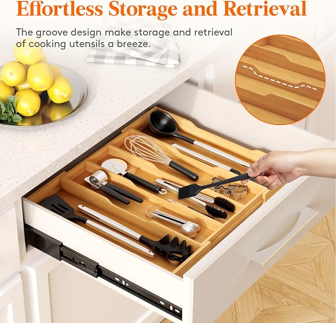 Lifewit Utensil Drawer Organizer, Expandable Kitchen Tool Tray | Wood Adjustable Flatware and Spatula Storage Divider, 11-19.7 x 17 x 1.8“, Natural - Image 7