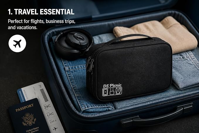 Electronic Organizer Travel Essentials Case, Waterproof Double Layer Cable Storage Pouch Bag for Charger, USB Cords, Power Bank, Phone Mouse SD Card Earphone Camera, Tablet (Up to 11 inch) - Image 13