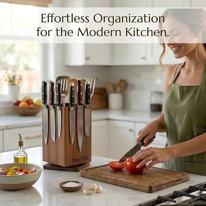 DRAVEX Ultra Premium Magnetic Knife Block without Knives for Counter Top | 360° Rotatable Acacia Wood Knife Holder Stand, Large Kitchen Utensils Holder with Strong Magnet, Anti-Slip Base - Image 8