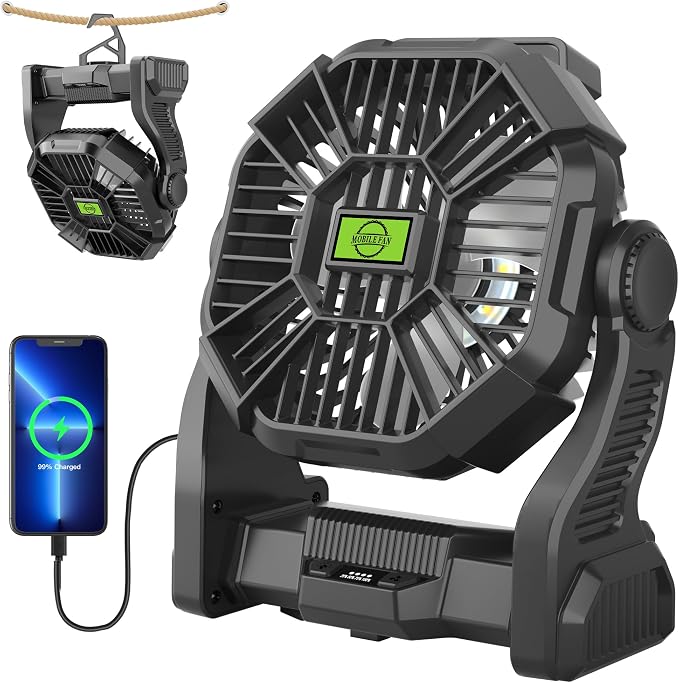 Rechargeable Portable Camping Fan for Tent with LED Light, 20000mAh USB Personal Battery Powered Fan Outdoor Camping Essentials Battery Operated Portable for Travel Beach Essentials X23 Black by TDLOL