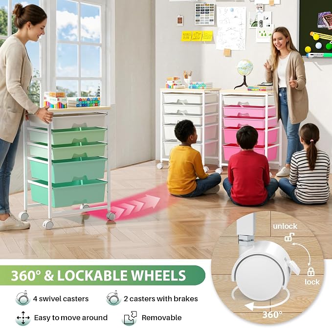 Goovilla Rolling Cart with 5 Drawers for Craft, Art, Dorm, Office, Green | Utility Cart Organizer With 5 Removable Drawers and Wooden Tabletop, Lockable Rolling Storage Organizer for Classroom, Home - Image 5