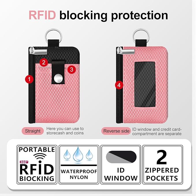 Minimalist RFID Blocking Small Wallet with ID Window,WaterResistant Zip Id Case Wallet with Lanyard Keychain for Cards,Cash,Travel,Women,Men (Pink/Black) - Image 2
