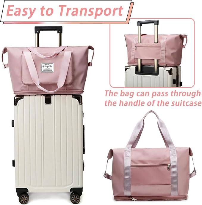INVODA Travel Bag for Women Expandable Weekender Overnight Bag Carry on Sports Tote Gym Bag Waterproof Foldable Duffel Bag (Dark Pink) - Image 3
