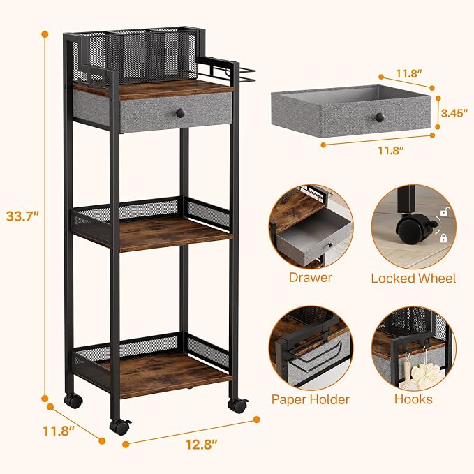 Bathroom Stand, Makeup Cart with Drawer for Cosmetic and Skincare | 3 Tier Metal Rolling Standing Unit for Bathroom, Bedroom, with Hair Organizer Storage, Vanity Storage for Women 12.8in Wide - Image 3