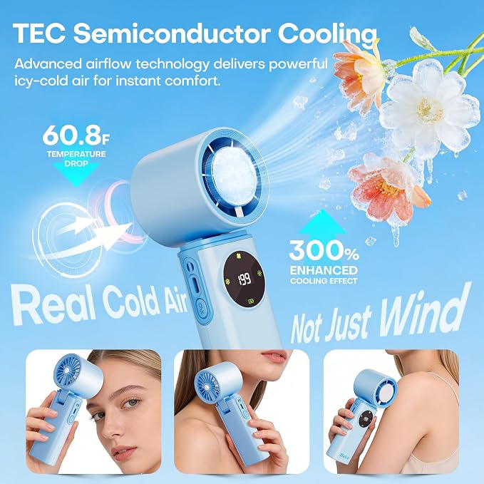 6000mAh Portable Handheld Fan with Ice Cooling, 199 Levels Stepless Speed, 20H Long Battery Life, 20000RPM Turbo Fan Rechargeable Personal Mini Fan for Travel, Outdoor, Makeup (Blue) - Image 2