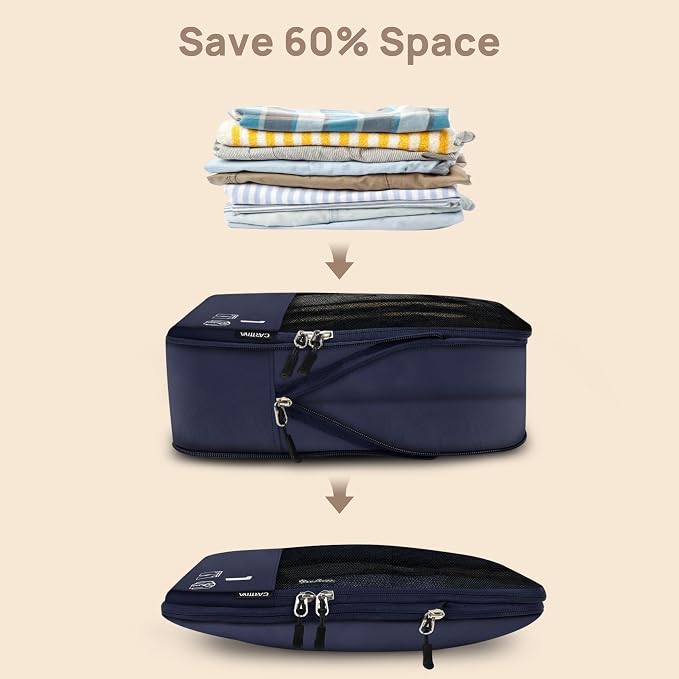 7 Set Compression Packing Cubes for Travel, Luggage Organizer Bags for Suitcases with Mesh Panels, Shoe Bag & Toiletry Bag for Carry On, Vacation & Cruise Essentials (Navy Blue) - Image 6