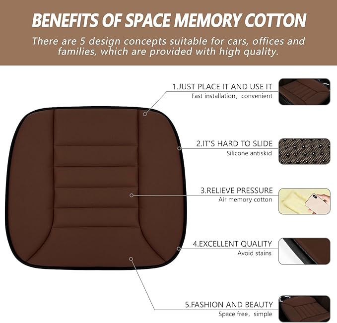 Car Seat Cushion Pad 1.2" Thick Comfort Protector for Car Driver Seat Office Chair Home Use Memory Foam Cushion with Non Slip Bottom, 20'' x 18.5'', Coffee - Image 2