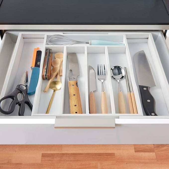 Expandable Bamboo Kitchen Drawer Organizer for Cutlery and Utensils, Adjustable Bamboo Wood Cutlery Tray in Drawer for Flatware and Silverware in Kitchen, (White) - Image 6
