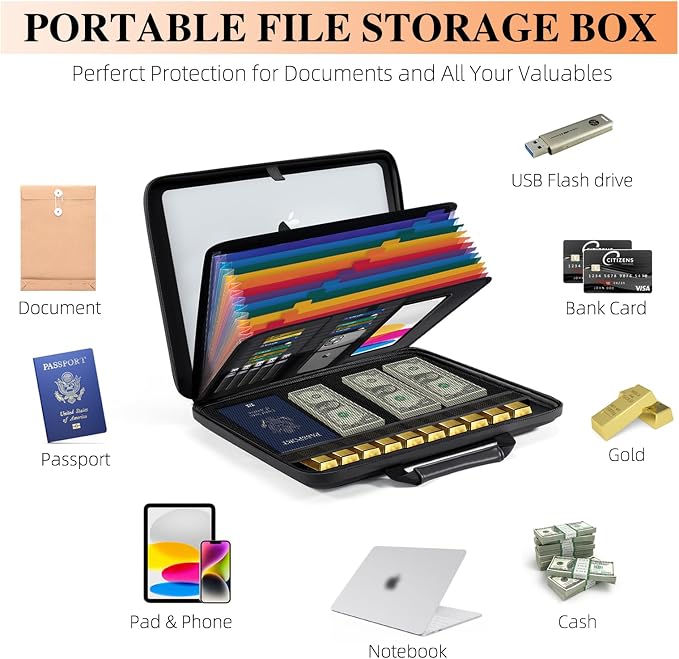 Fireproof Document Box File Organizer: Hard-Shell Case Fireproof Waterproof Box with Lock & 13 Pocket Accordion File Folder - Portable Home Office Travel Safe Storage for Important Documents and Files - Image 4