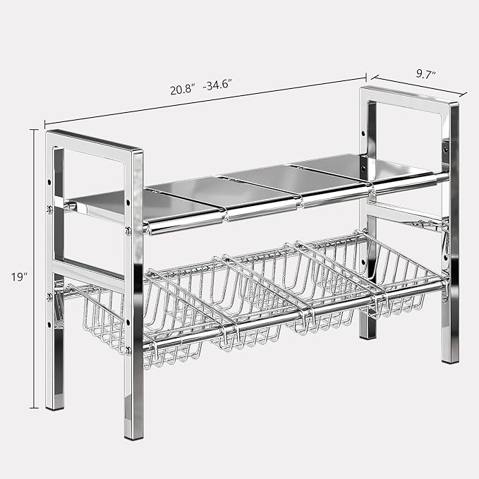 Large Under Sink Organizer 2 Tier Expandable Heavy Stainless Steel Shelf Adjustable Height for Under Kitchen Bathroom Sink Organizers and Storage (Large Size: 4 Panels 4 Storage Baskets) - Image 2
