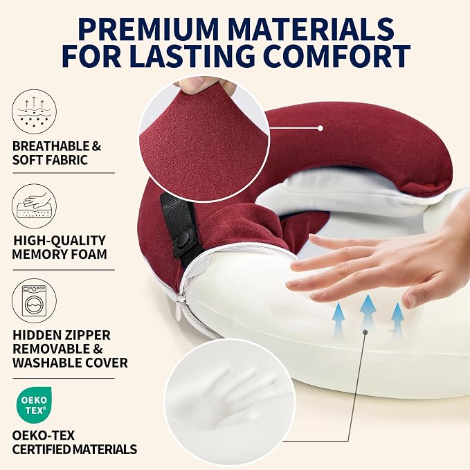 Travel Neck Pillows for Airplanes, Memory Foam 360° Head Support Sleep for Long Flight, Skin-Friendly & Breathable, Kit with Eye Mask, Earplugs and Storage Bag (Adult, Red, 90+ lbs) - Image 4