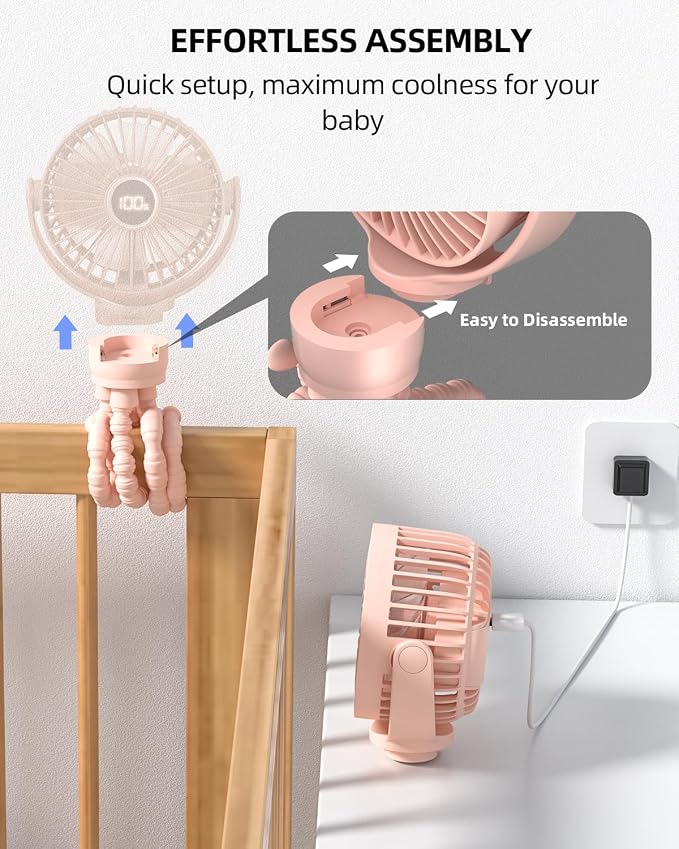 Portable Stroller Mini Fan, Small Rechargeable Personal Fan, Travel Essentials for Baby, Wagon, Car Seat, Treadmill, Battery Powered Biking Gear Accessories, 360° Rotation, 3-Speed, Display, Pink - Image 6