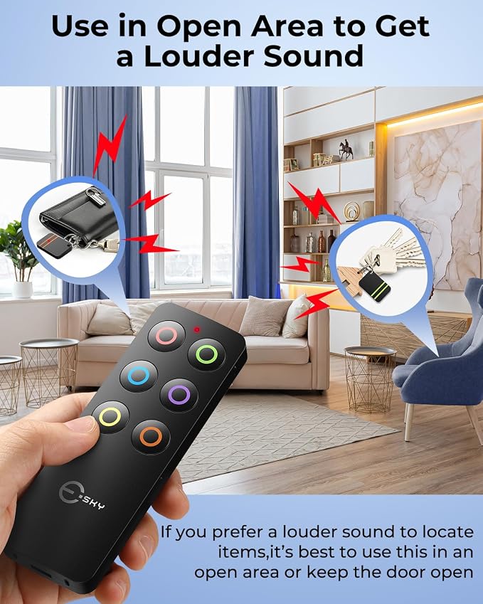 Esky Key Finder Locator with 85dB Noise Sound 6 Receivers Item Finder | Stick-on TV Remote Control Finder, Wallet Tracker Key Finders for Finding Keys,Phone, Glasses, Pet Remote Gift Idea - Image 6