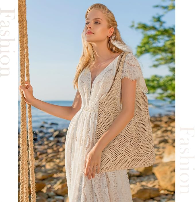 Sightor Crochet Tote Bag, Mesh Beach Bag Knit Summer Hobo Bag for Women | Beach Tote bag Vacation Outfits Aesthetic Boho Bag - Image 3