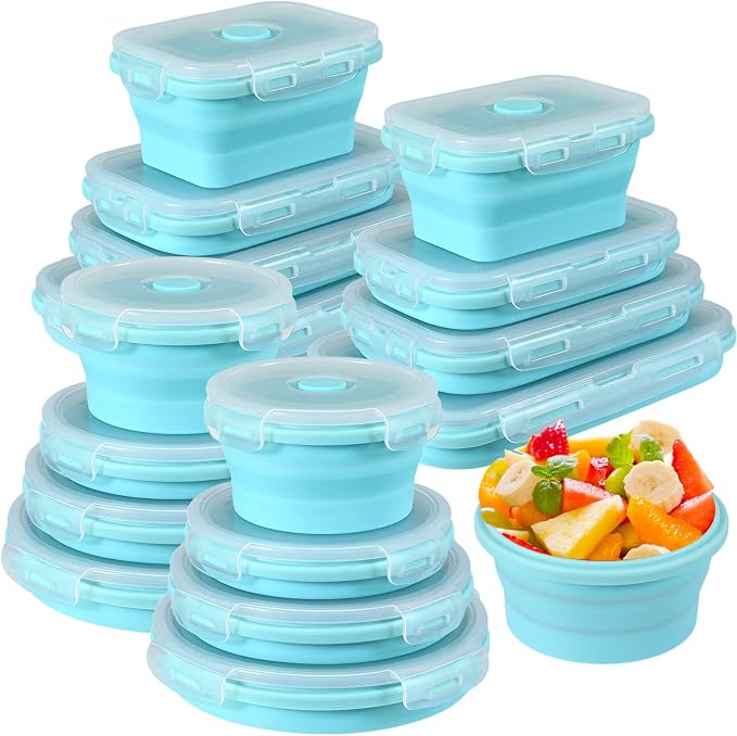 Yaomiao 16 Pack Collapsible Food Storage Container with Lid,Blue | Silicone Bowls with Air Vent, Foldable Rectangle Round Bowl ,For Rv Camping Meal Prep Organizing, Microwave Freezer Safe by Yaomiao