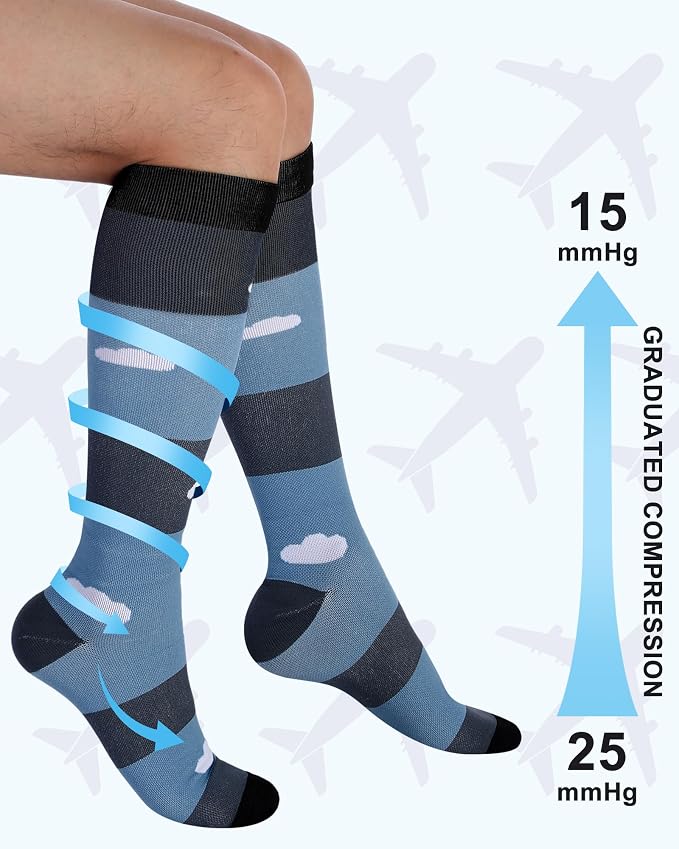 Skicuff 6 Pairs Airplane Compression Socks for Men Women 15-25 Mmhg Graduated Knee High Travel Socks for Flight Flying Pilots - Image 5