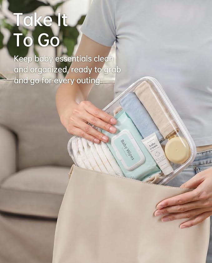 3 Pack Large Clear Hard Shell Zipper Case, Diaper Bag Organizer Pouches, Water-Resistant Travel Toiletry Bags for Baby Essentials, Toys, Cables, Crafts, Makeup, White - Image 5