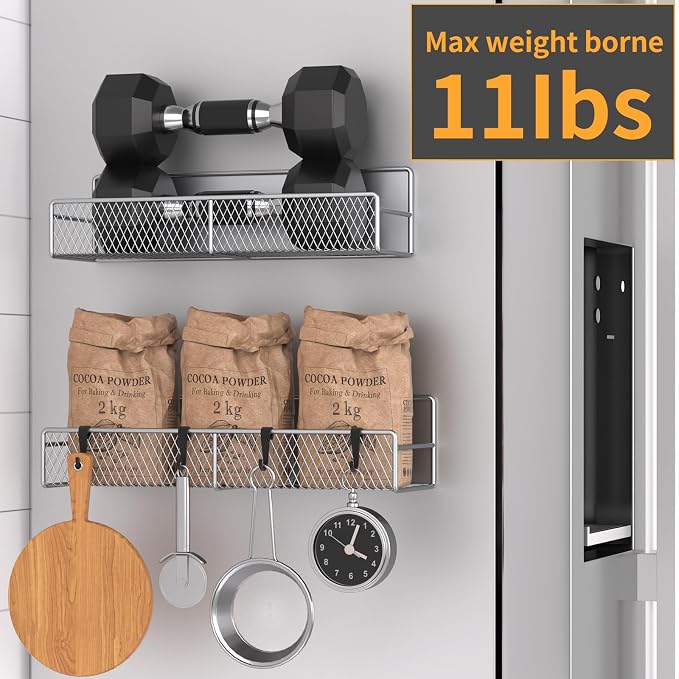 Magnetic Spice Rack for Refrigerator, 2 Pack Metal Magnetic Shelf Grey, Moveable Spice Organizer with Hooks, Super Magnetic Fridge Shelf for Kitchen Organization and Storage - Image 4