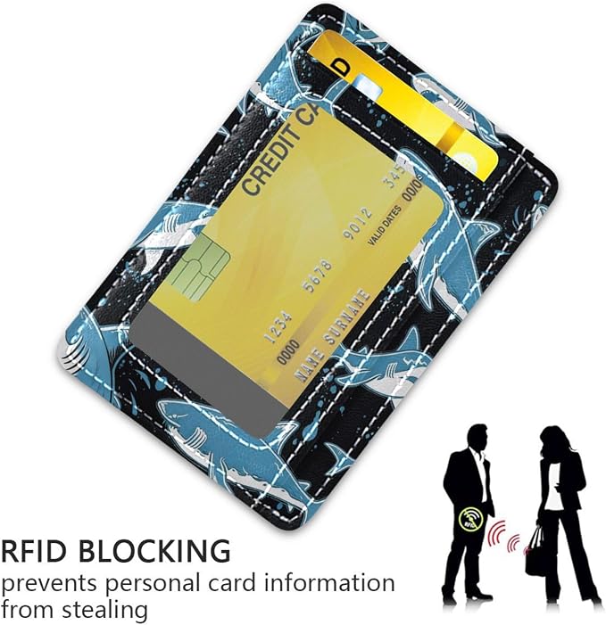 Front Pocket Minimalist Leather Slim Wallet Credit Card Holder Blue Shark for Men & Women - Image 3