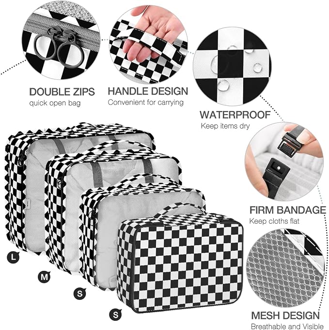 8 Set Packing Cubes for Suitcases,Packing Cube with Shoe, Cosmetics, Clothing, and Accessories Bags Packing Cubes for Travel Luggage Organizer Women Men(Black White Checkered) - Image 3