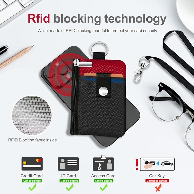 Minimalist RFID Blocking Small Wallet with ID Window,WaterResistant Zip Id Case Wallet with Lanyard Keychain for Cards,Cash,Travel,Women,Men (Black/Red) - Image 4