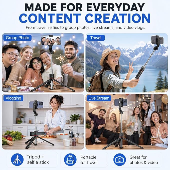67" Detachable Phone Tripod Selfie Stick, Extendable Portable Cell Phone Stable Camera Easy Selfie Tripod Stand, with Wireless Remote, Ideal for Travel & Photos Recording/Video Vlogging, Big Tripod - Image 4