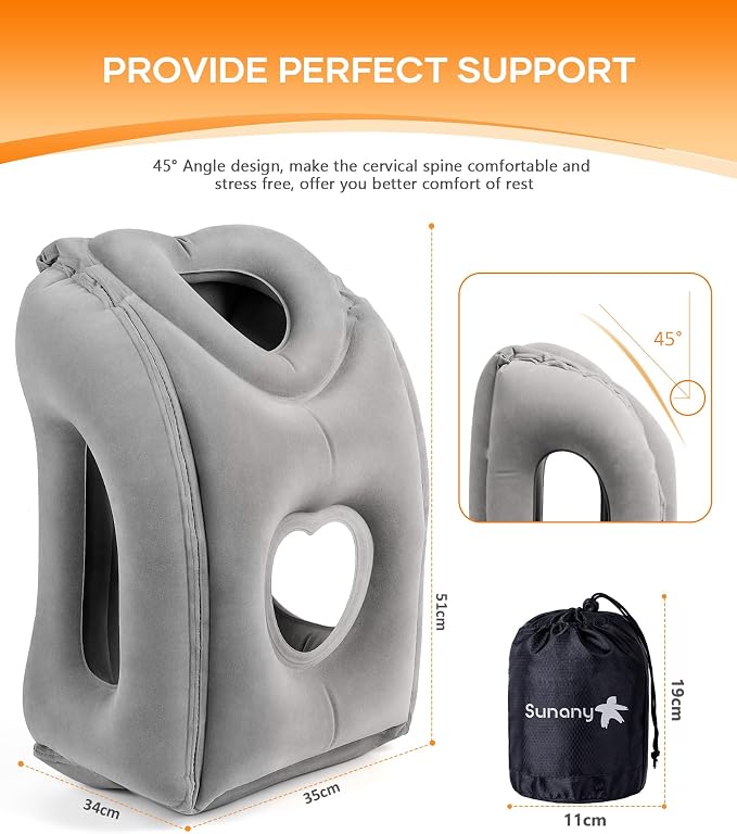 Sunany Travel Pillow, Upgraded Plane Pillow for Long Flights, Inflatable Neck Pillow Used for Airplanes,Cars,Buses,Trains,Office Napping with Eye Mask,Earplugs (Gray) - Image 5