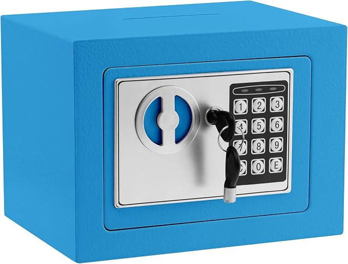 Small Safe Box With Digital Keypad & Keys - 9.05 x 6.7 x 6.7 Inches Wall Safe 0.23 Cuft Mini Security Lock for Money, Cash, Coin, Jewelry - Home Office Hotel Rooms Business (Blue2) by ELLAIG