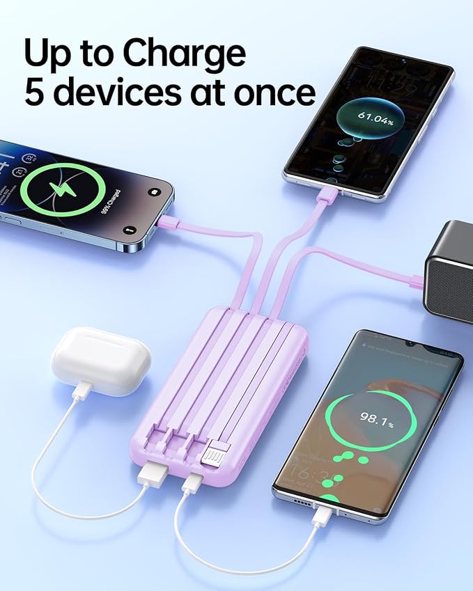 Portable Charger with Built in Cable 20000mAh Fast Charging | Power Bank USB C Slim 22.5W LED Display Battery Pack 5 Outputs & 3 Inputs for Travel Essentials iPhone Samsung Phones Purple - Image 5