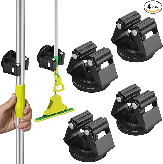 ULIBERMAGNET Magnetic Mop Broom Holder,Heavy Duty Movable Magnetic Broom Holder Rack,Anti-slip Wall Mounted Utility Storage Mop Shovel Hanger for Garage, Kitchen, Laundry, Garden(4 Pack/Black) by ULIBERMAGNET