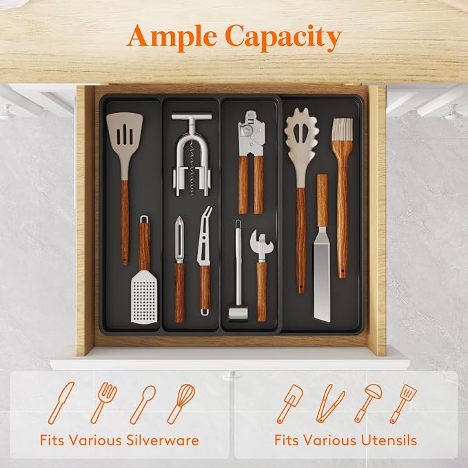 Lifewit Utensil Organizer for Kitchen Drawer, Expandable Cooking Tray | Adjustable Cutlery Flatware Holder, Plastic Silverware Spatula Tools Storage Divider, 11.9-17.3 x 15.8", Black - Image 2