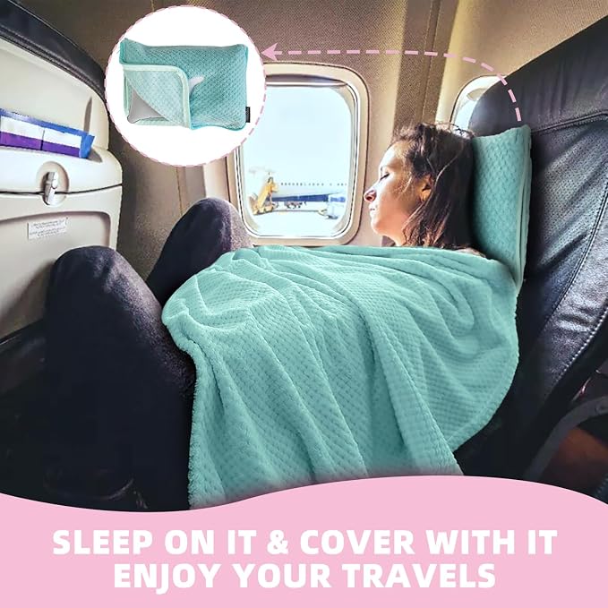 3 in 1 Travel Blanket Pillow Set - 350 GSM Thick Travel Blanket Airplane Compact with Bag, Soft Bag with a Pocket, Inflatable Travel Pillow for Camping & Car Trip(Mint Green) - Image 2