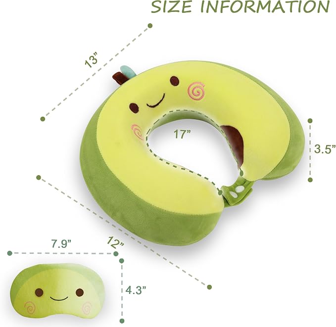 Cute Travel Pillow with Sleep Eye Mask Cartoon Headrest & Neck Pillow for Kids Boys & Girls, Teens, Travel Accessories for Airplane, Car, Recline, Home Use Memory Foam Flight - Green Avocado - Image 2