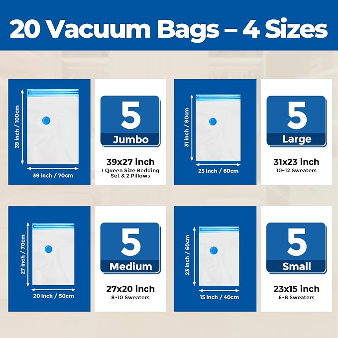ETENWOLF 20 Combo Vacuum Storage Bags for Travel | Vacuum Seal Bags for Clothing Travel, Compression Packing Bags for Clothes and Blankets, Space Saver Bags in Carry-On Sizes - Image 2