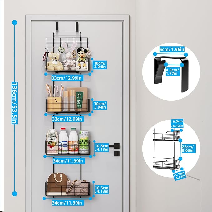 Over The Door Organizer Storage with 4 Metal Large Capacity Baskets | Adjustable Hooks, Behind Door Storage, For Bedroom Bathroom Kitchen Office Pantry Closet - Image 2