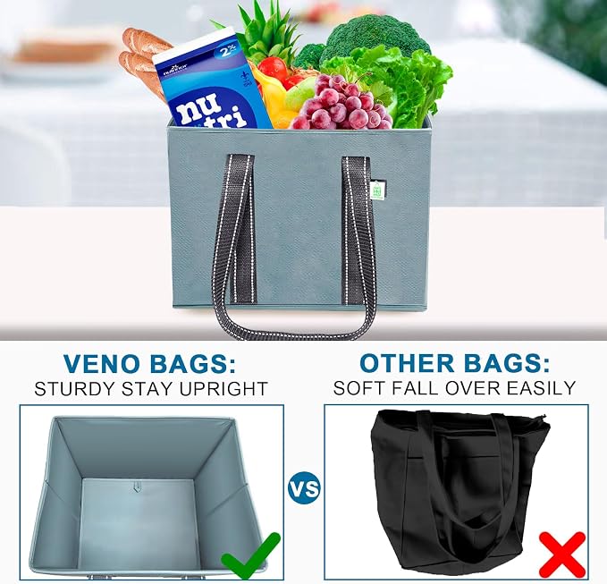 VENO 3 Pack Heavy Duty Reusable Grocery Shopping Bags Utility Tote | Water Resistant, Storage Box with Sturdy Handles & Hard Bottom, Foldable for Groceries Shopping Cart Storage(Blue, 6 Gallon) - Image 7