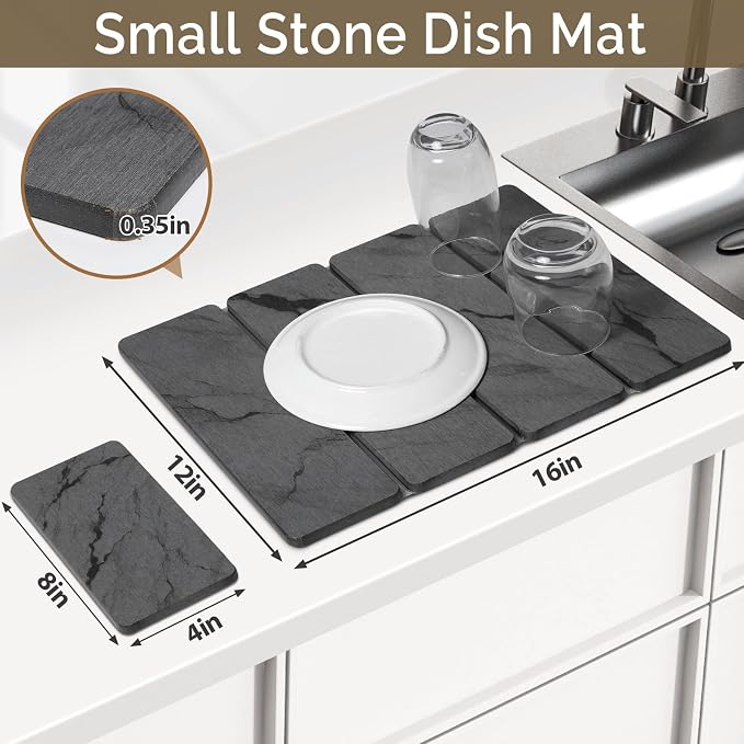 Small Stone Dish Drying Mat for Kitchen Counter, 2 PCS 16"×12" & 8"x4" Quick Dry Stone Mats, Foldable Water Absorbing Diatomite Drying Dish Pad for Countertop Bottles Utensils Cups(Dark Gray Ink) - Image 2