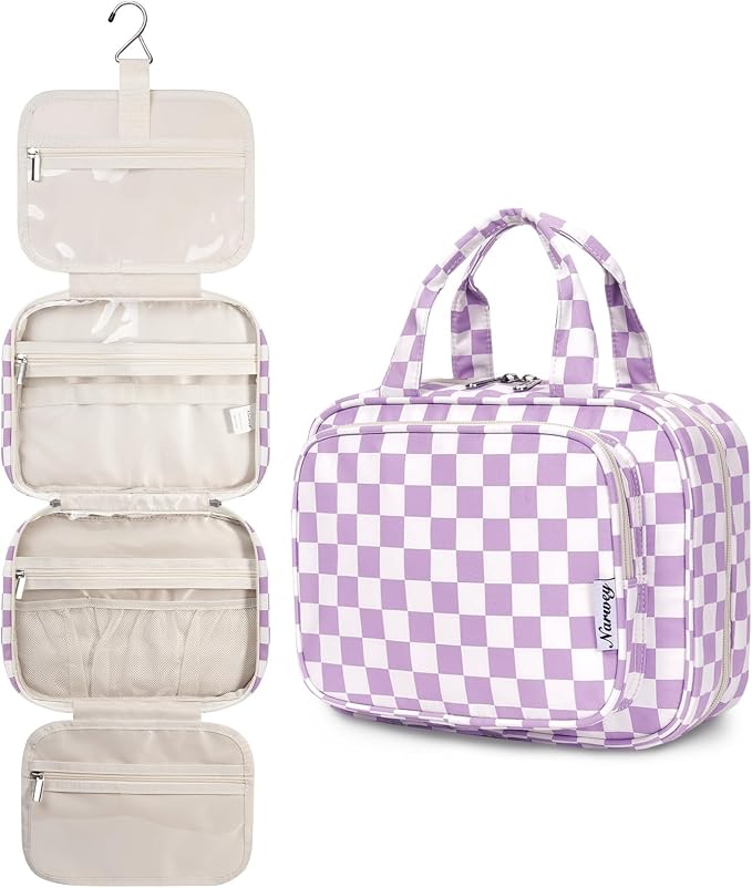Narwey Hanging Toiletry Bag for Women Travel Makeup Bag Organizer Toiletries Bag for Travel Size Essentials Accessories Cosmetics (Purple Checkerboard (Medium)) by Narwey