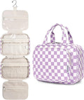 Narwey Hanging Toiletry Bag for Women Travel Makeup Bag Organizer Toiletries Bag for Travel Size Essentials Accessories Cosmetics (Purple Checkerboard (Medium)) by Narwey