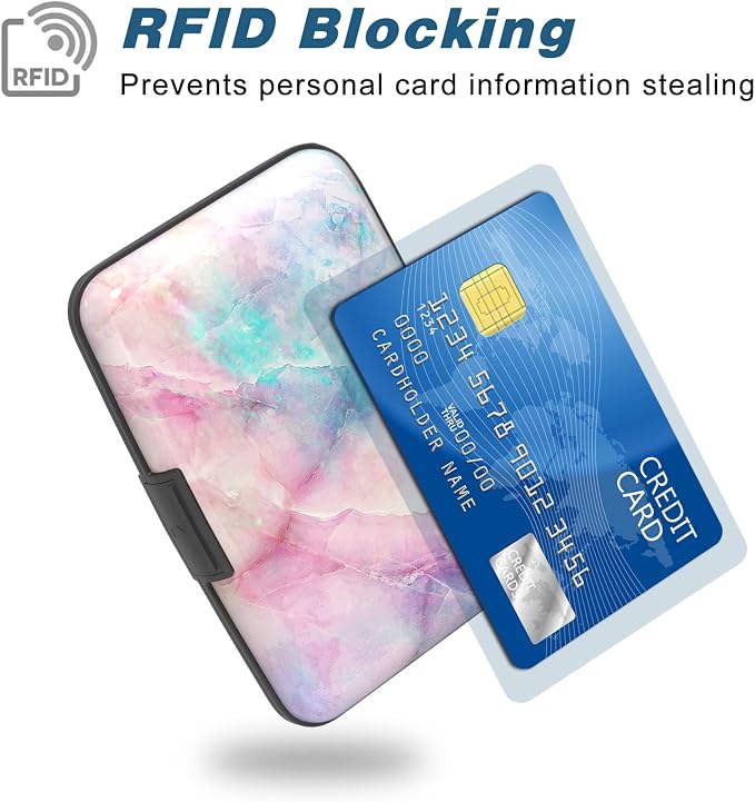 Credit Card Holder, Mini Aluminum Card Wallet RFID Blocking Slim Metal Hard Card Case for Women Men, Colorful Marble - Image 2