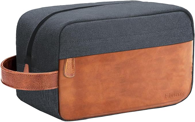 Elviros Travel Toiletry Bag for Men, Hanging Toiletries Bag Water Repellent Dopp Kit PU Leather Travel Bag for Toiletries Accessories, Navy Blue by Elviros