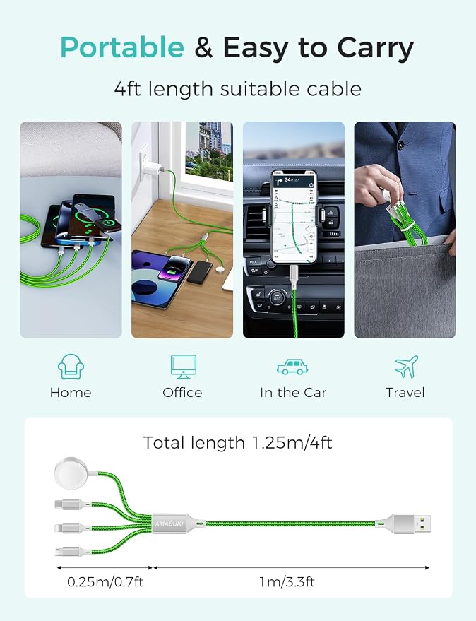 2Pack Multi Charging Cable for Apple Watch Charger 4 in 1 Travel Essentials RV Camping Essentials USB C/L/Micro Compatible with iWatch Series 11-1/iPhone 17/16/15/Android Airplane Gadgets-4FT/Green - Image 5