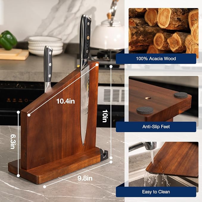 Magnetic Knife Block with Sharpener, Double Sided, Dark Acacia | Multi-Row Magnet, Hold 12 Knives as Damascus & Heavy Cleaver, No Slip, Countertop Kitchen Organizer, No Installation, Gift - Image 6