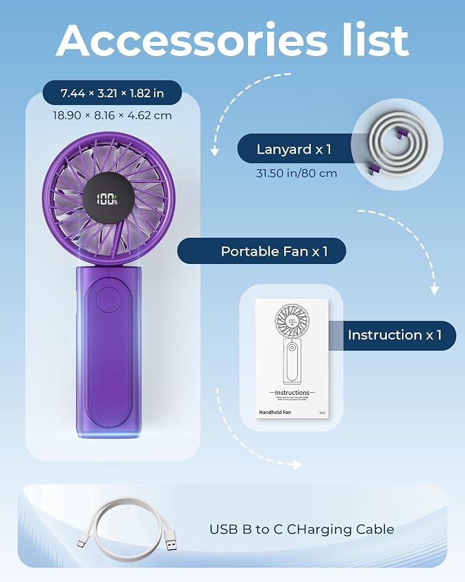 Peiyuu Portable Handheld Fan, 4000mAh, USB Rechargeable 180° Foldable Mini Desk Fan, 6 Wind Speed, LCD Digital Display, Lanyard as Neck Fan, Ultra Quiet, Pocket Size for Indoor Outdoor - Image 8