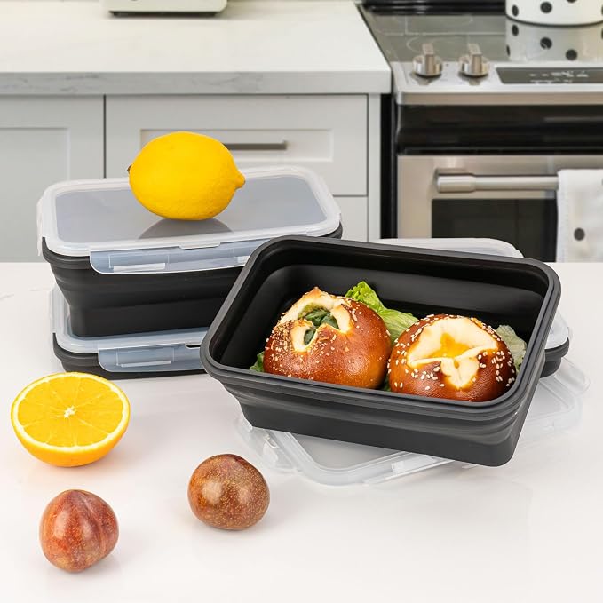 Collapsible Silicone Food Storage Containers Set with Lid & Air Vent,Foldable Lunch Containers(4PCS,Black,40oz) - Image 4